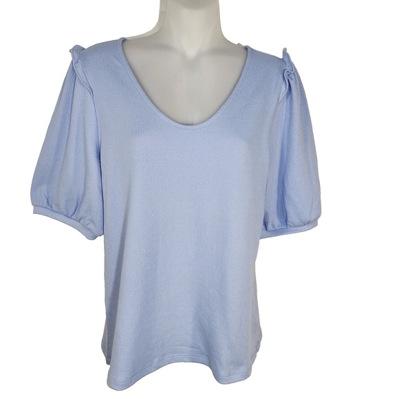 Talbots Tee Womens Small Ruffle Shoulder Voop Neck Elbow Sleeves Blue Textured - Picture 1 of 7
